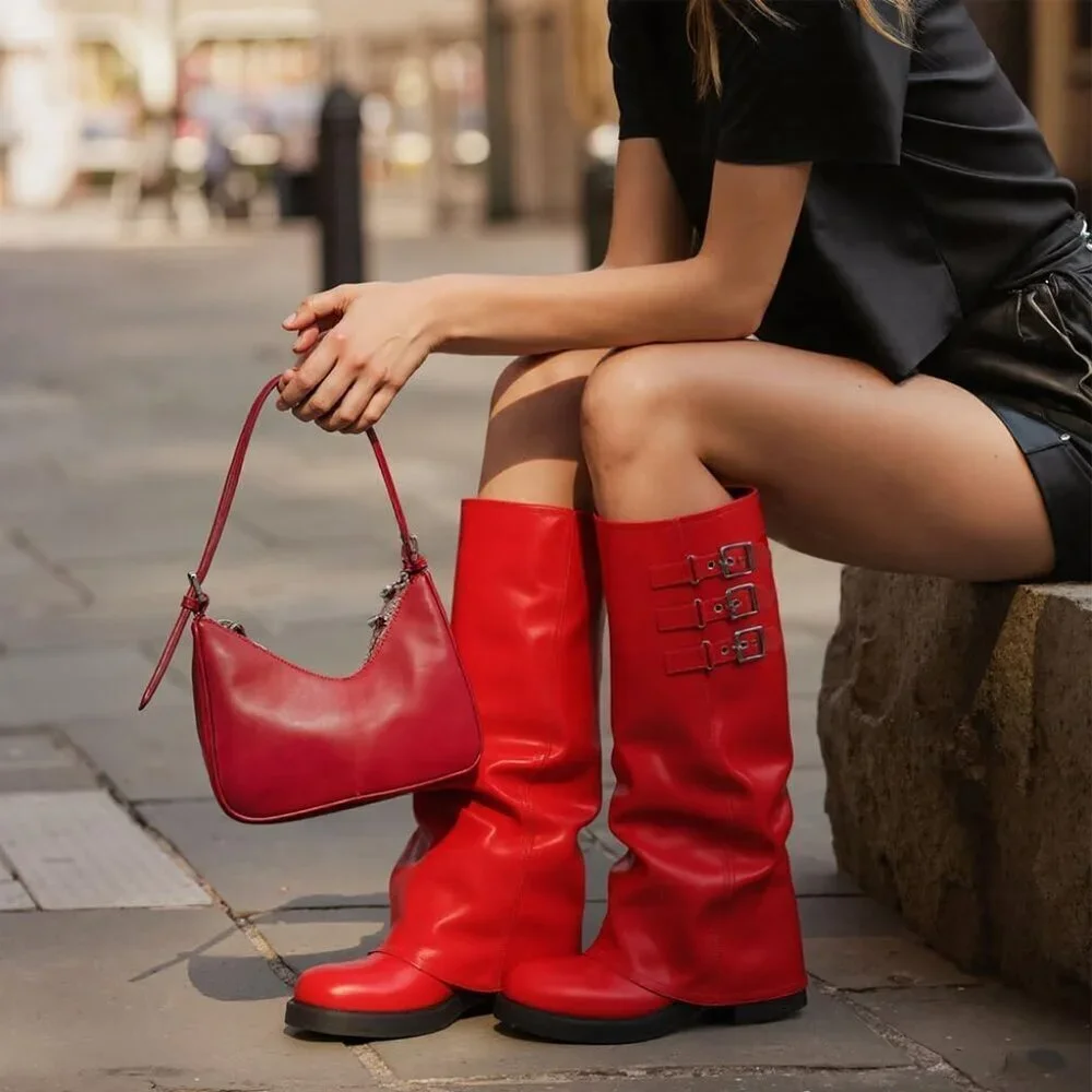Women's Red Fall Slouchy Fold Over Tall Boots Motorcycle Zipper Fashion Buckle